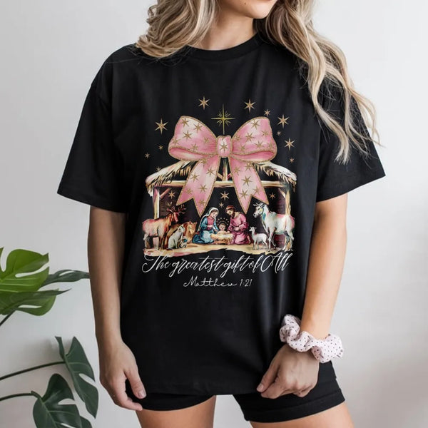 Pink Bow Christmas T-Shirt, Coquette Nativity Scene Shirt, Christian Holiday Graphic Tee, Greatest Present of All Shirt, Reli