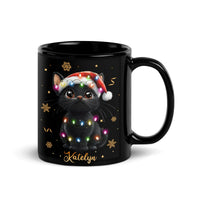 Adorable Kitten Santa Hat Fairy Lights Coffee Mug, Black Cat Christmas Mug, Holiday Pet Lover Cup, Festive Cat Ceramic Mug