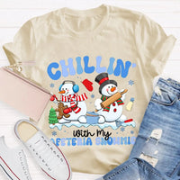 Humorous Holiday Snowman Graphic Tee, Chillin with My Cafeteria Snowmies Shirt, School Staff Christmas T-Shirt, Lunch Lady Holiday Present