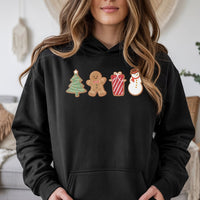 Adorable Holiday Cookie Graphic Hoodie, Christmas Gingerbread Hoodie, Festive Gingerbread Man Hooded Sweatshirt, Comfy Winter Pullover Hoodie