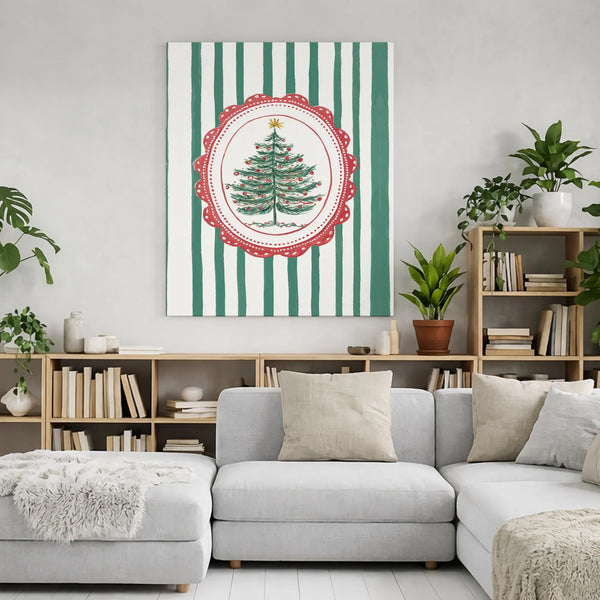 Red Scalloped Stripe Holiday Canvas Print, Vintage Christmas Tree Canvas Wall Art, Festive Xmas Tree Canvas Decor, Winter Sea