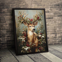 Winter Woodland Animal Canvas Print, Christmas Deer Canvas Wall Art, Festive Pinecone Wall Art, Holiday Season Home Decor, Xmas Present