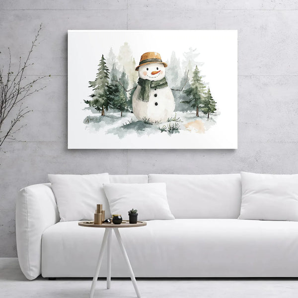 Winter Forest Canvas Print, Watercolor Snowman Canvas Wall Art, Snowy Pine Tree Canvas, Rustic Holiday Wall Decor, Christmas 