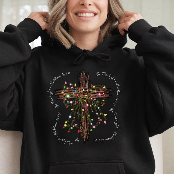Christmas Lights Cross Sweatshirt, Be the Light Matthew 5:14 Hoodie, Christian Bible Verse Pullover, Religious Holiday Faith 