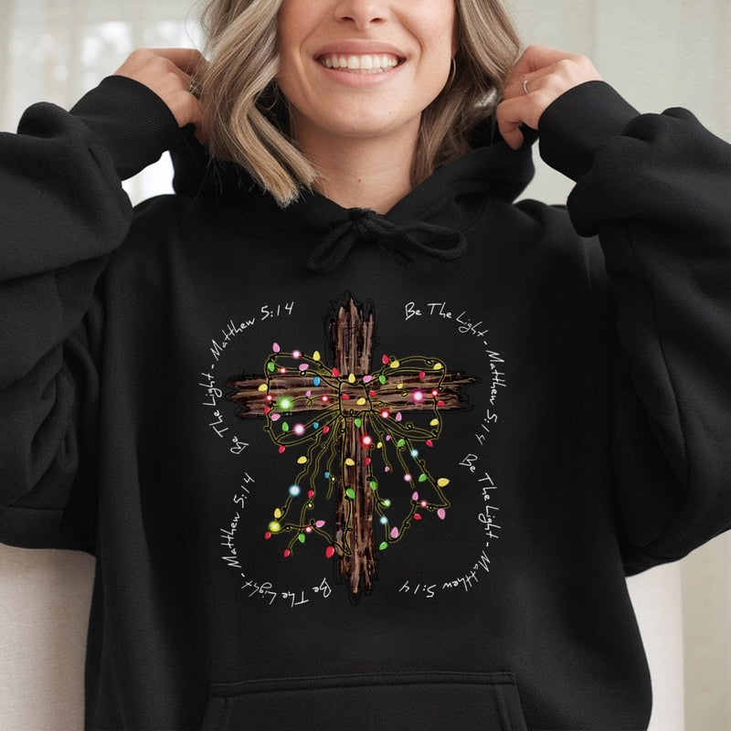 Christmas Lights Cross Sweatshirt, Be the Light Matthew 5:14 Hoodie, Christian Bible Verse Pullover, Religious Holiday Faith Present