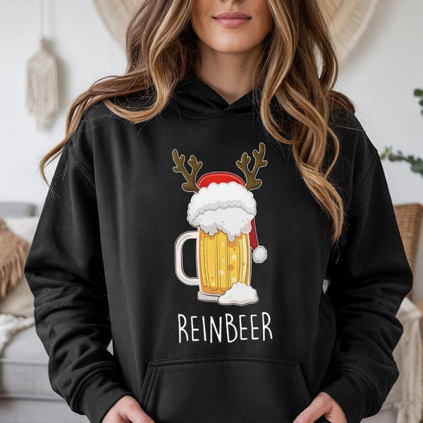 Humorous Reindeer Beer Graphic Hoodie, Reinbeer Christmas Hoodie, Holiday Party Drinking Sweatshirt, Ugly Xmas Pullover Hoodi