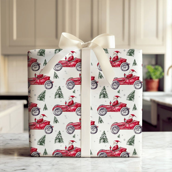 Vintage Car Christmas Gift Wrap, Santa Red Race Car Wrapping Paper, Watercolor Auto Holiday Present Paper, Driver Xmas Gift W
