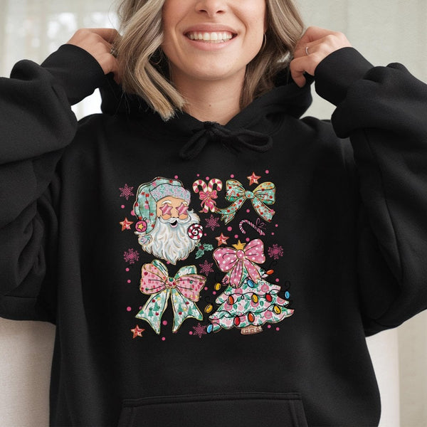 Pink Aesthetic Tree Holiday Sweatshirt, Coquette Christmas Bow Santa Hoodie, Preppy Winter Pullover, Trendy Girly Xmas Presen