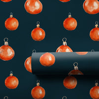 Navy Blue Holiday Gift Wrap, Orange Ornaments Christmas Wrapping Paper, Watercolor Baubles Wrapping Paper, Winter Season Present Wrap