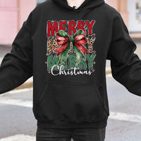Coquette Leopard Bow Sweatshirt, Merry Christmas Hoodie, Adorable Xmas Holiday Graphic Pullover, Preppy Winter Present for Women Teens
