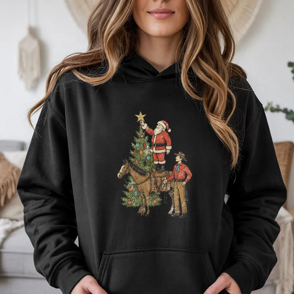 Vintage Santa Horse Hoodie, Western Christmas Cowboy Hoodie, Retro Western Holiday Pullover, Country Xmas Sweatshirt, Holiday