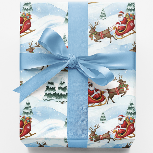 Snowy Wonderland Gift Wrap, Santa and Reindeer Wrapping Paper, Christmas Sleigh Present Paper, Winter Reindeer Wrapping Paper