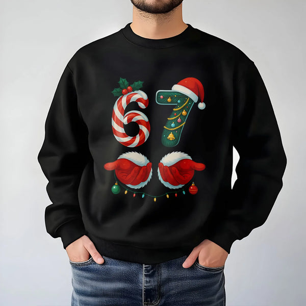 Candy Cane Pine Holiday Sweatshirt, 67 Christmas Sweatshirt, Humorous Meme Christmas Crewneck, Winter Xmas 67 Graphic Sweatsh