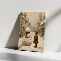 Winter Village Scene Canvas Print, Vintage Snowman Canvas Wall Art, Nostalgic Christmas Wall Art, Holiday Snowman Canvas, Winter Home Decor