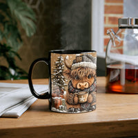 Winter Animal Coffee Mug, Comfy Highland Cow Mug, Knit Hat Scarf Ceramic Cup, Adorable Christmas Tea Mug, Holiday Present for Animal Lovers