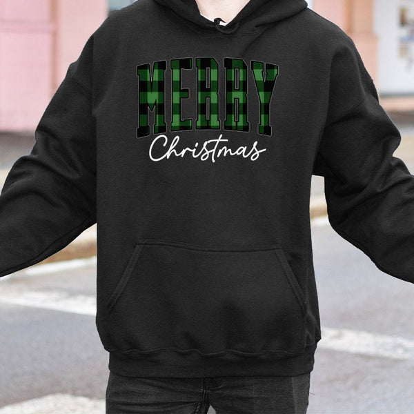 Buffalo Plaid Lettering Hoodie, Green Plaid Merry Christmas Hoodie, Festive Winter Holiday Hoodie, Comfy Xmas Pullover Sweats