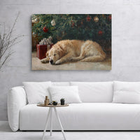 Christmas Tree Oil Painting Style Print, Sleeping Golden Retriever Canvas Art, Holiday Dog Wall Decor, Festive Pet Lover Canvas Present