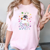 Retro Festive Holiday Graphic Tee, Chill Out Snowman T-Shirt, Humorous Winter Snowman Shirt, Adorable Sarcastic Christmas Graphic T-Shirt Present