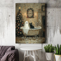 Whimsical Holiday Bath Canvas Print, Ghost and Black Cat Christmas Canvas Wall Art, Spooky Season Cat Canvas, Holiday Wall Decor, Cat Present