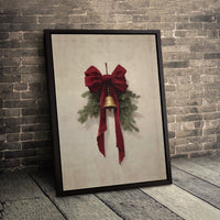 Rustic Red Velvet Bow Canvas Print, Christmas Jingle Bell Wall Art, Pine Branch Holiday Canvas Decor, Winter Farmhouse Seasonal Wall Art