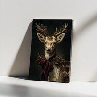 Vintage Reindeer Red Bow Print, Christmas Deer Canvas Wall Art, Festive Holiday Animal Decor, Rustic Winter Cabin Canvas Art Present