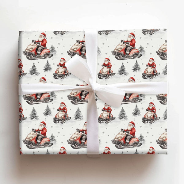 Watercolor Santa Gift Wrap, Santa on Snowmobile Wrapping Paper, Winter Sports Christmas Wrapping Paper, Whimsical Holiday Gif