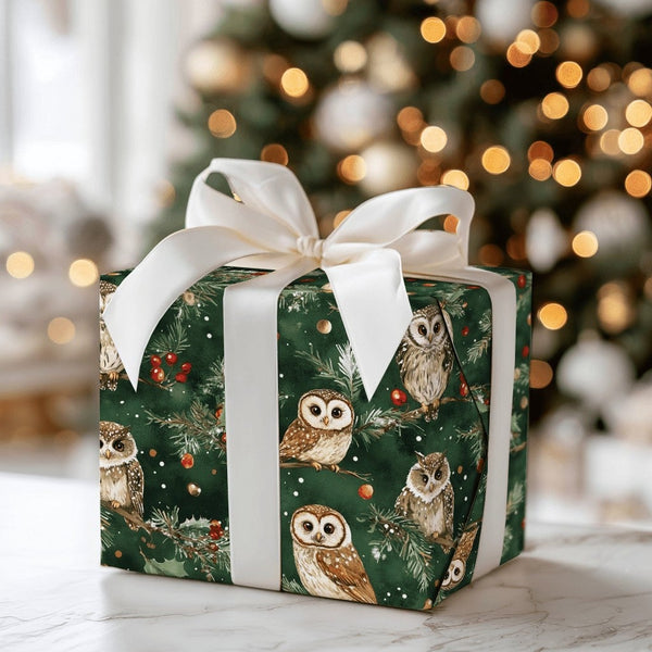 Woodland Nature Bird Gift Wrap, Watercolor Owl Christmas Wrapping Paper, Pine and Berry Holiday Paper, Forest Animal Present 
