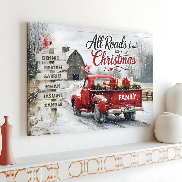 Red Truck Winter Farmhouse Wall Art, Custom Family Name Christmas Canvas, Personalized Holiday Decor, Rustic Winter Wonderlan