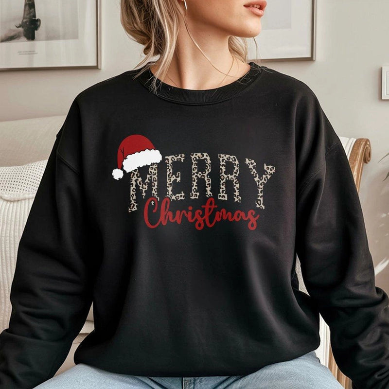 Retro Santa Hat Holiday Crewneck, Merry Christmas Leopard Print Sweatshirt, Comfy Festive Cheetah Pullover, Adorable Womens Xmas Winter Sweater
