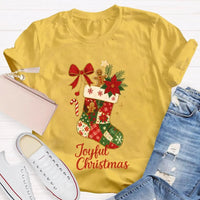 Retro Festive Pattern Tee, Christmas Bows and Holiday Socks Shirt, Adorable Christmas Graphic T-Shirt, Comfy Winter Holiday Present