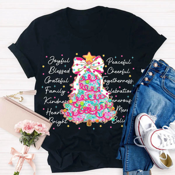 Aesthetic Holiday Graphic Tee, Joyful Peaceful Cheerful Christmas Tree T-Shirt, Retro Xmas Tree Shirt, Festive Winter Holiday