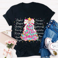 Aesthetic Holiday Graphic Tee, Joyful Peaceful Cheerful Christmas Tree T-Shirt, Retro Xmas Tree Shirt, Festive Winter Holiday Party Top
