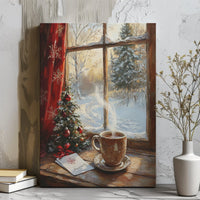 Snowy Landscape and Coffee Print, Comfy Christmas Window Canvas Wall Art, Festive Holiday Canvas Decor, Winter Season Wall Art Present for Home