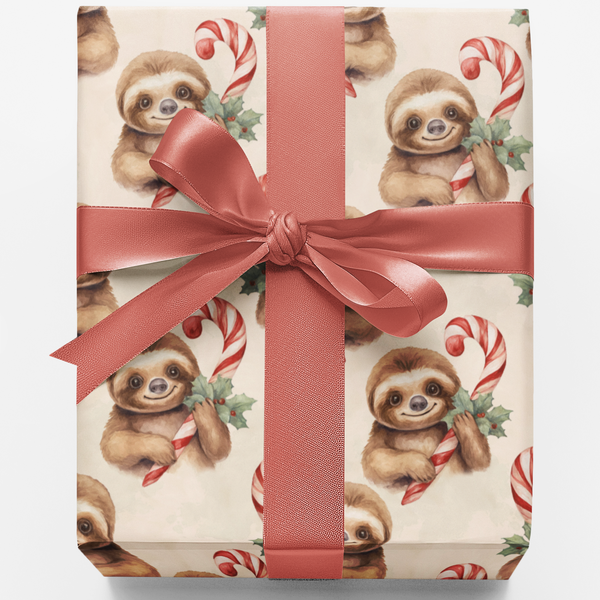 Adorable Sloth Gift Wrap, Christmas Sloth Wrapping Paper, Watercolor Candy Cane Wrapping Paper, Holiday Sloth Gift Wrap, Wint
