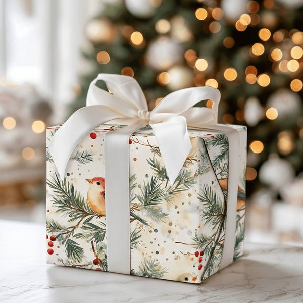 Pine Branch Bird Gift Wrap, Watercolor Winter Birds Wrapping Paper, Red Berry Christmas Wrapping Paper, Rustic Holiday Gift W