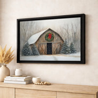Snowy Farmhouse Christmas Wreath Print, Rustic Winter Barn Canvas Wall Art, Holiday Winter Landscape Canvas, Country Home Wall Decor