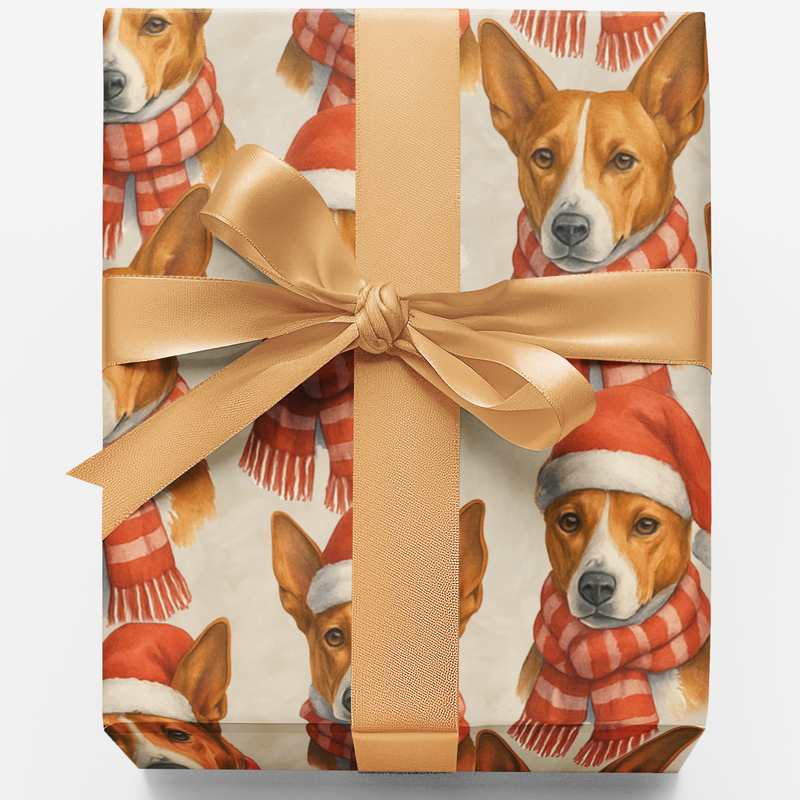 Adorable Dog Holiday Gift Wrap Roll, Santa Hat Basenji Christmas Wrapping Paper, Festive Puppy Present Paper, Dog Lover Xmas Wrapping Paper