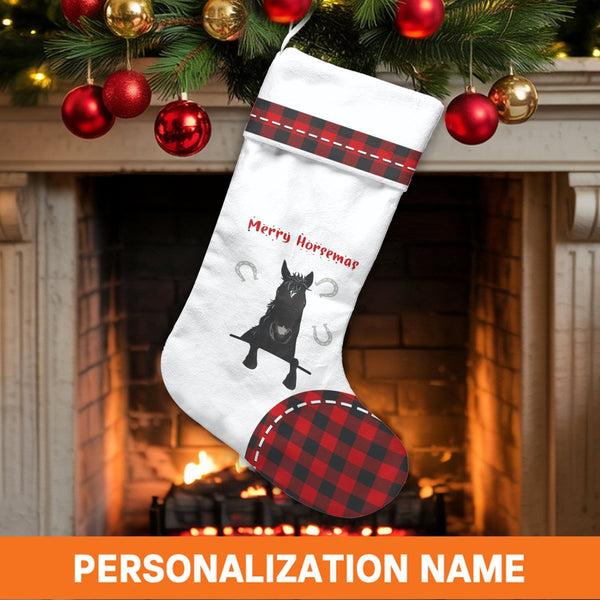 Buffalo Plaid Horse Stocking, Merry Horsemas Black Horse Christmas Stocking, Personalized Christmas Stocking, Equestrian Holi