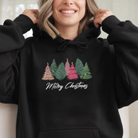 Adorable Pink & Green Forest Sweatshirt, Merry Christmas Tree Hoodie, Festive Holiday Tree Pullover, Comfy Winter Xmas Apparel Present
