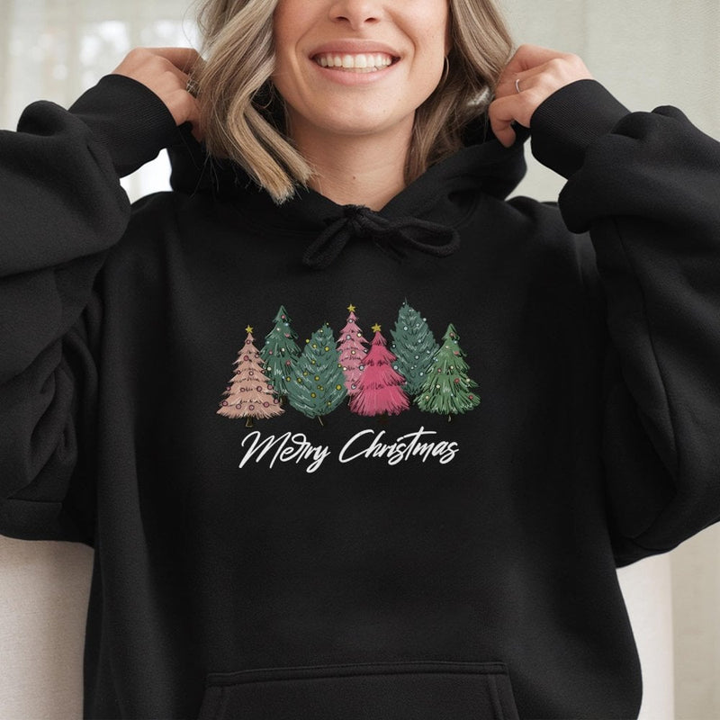 Adorable Pink & Green Forest Sweatshirt, Merry Christmas Tree Hoodie, Festive Holiday Tree Pullover, Comfy Winter Xmas Apparel Present