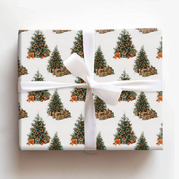 Retro Citrus Holiday Gift Wrap, Vintage Christmas Tree with Oranges Wrapping Paper, Winter Tree Wrapping Paper Roll, Classic 