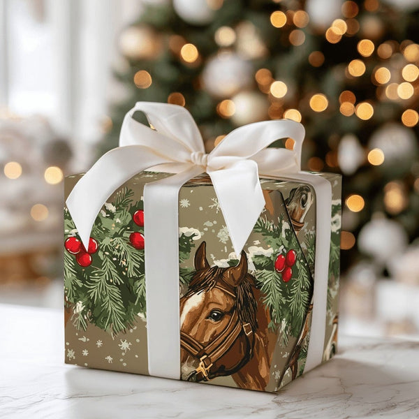 Pine Boughs Holiday Gift Wrap, Equestrian Horse Christmas Wrapping Paper, Winter Horse Wrapping Paper, Rustic Holiday Animal 