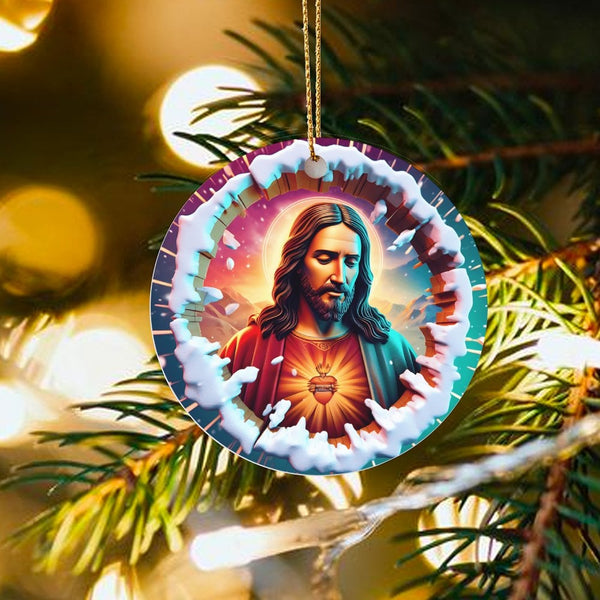 Snowy Border Catholic Christmas Ornament, Sacred Heart of Jesus Ceramic Ornament, Religious Holiday Tree Ornament, Faith Keep
