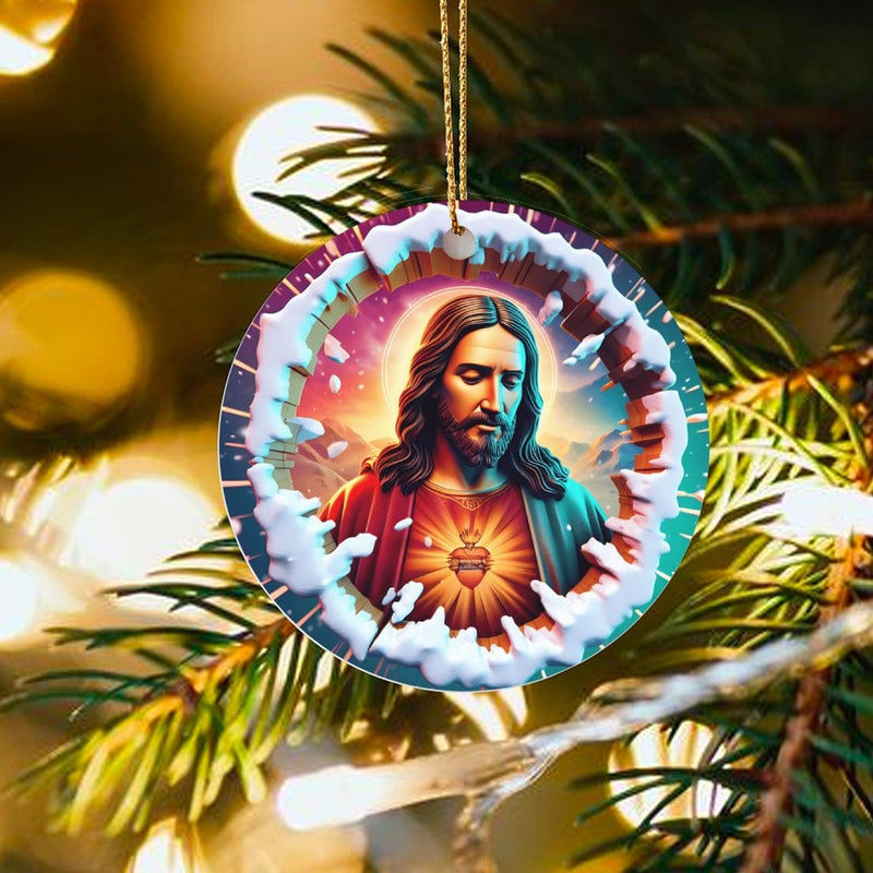 Snowy Border Catholic Christmas Ornament, Sacred Heart of Jesus Ceramic Ornament, Religious Holiday Tree Ornament, Faith Keepsake Present