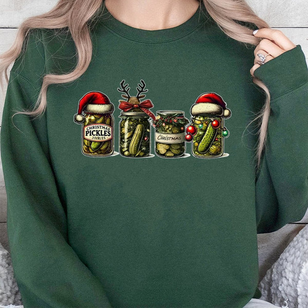 Humorous Holiday Canned Pickles Sweatshirt, Christmas Pickle Jar Sweatshirt, Retro Festive Foodie Crewneck, Comfy Christmas P