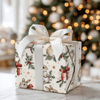 Watercolor Rabbit Gift Wrap, Bunny Christmas Wrapping Paper, Woodland Animal Wrapping Paper, Holiday Holly Gift Wrap, Xmas Present Roll
