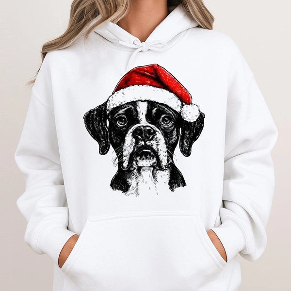 Adorable Santa Hat Dog Hoodie, Boxer Dog Christmas Hoodie, Humorous Pet Holiday Graphic Hoodie, Boxer Mom Pullover Sweatshirt