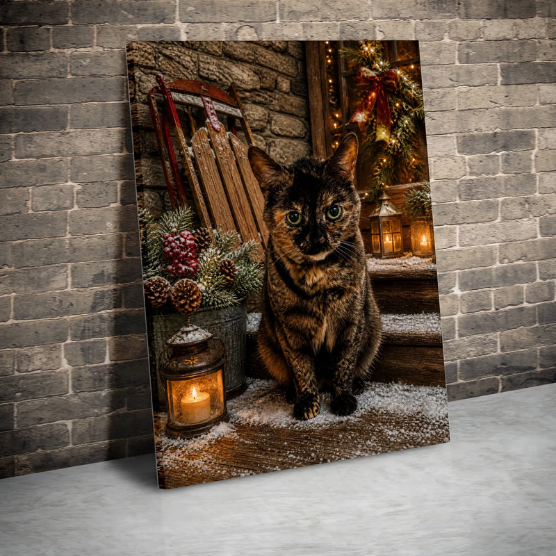 Tortoiseshell Cat Holiday Wall Art, Christmas Cat Canvas Print, Comfy Winter Cat Canvas, Rustic Christmas Porch Wall Decor, Cat Lover Present