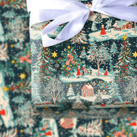Snowy Night Christmas Gift Wrap, Vintage Winter Village Wrapping Paper, Retro Holiday Town Present Wrap, Comfy Seasonal Packaging