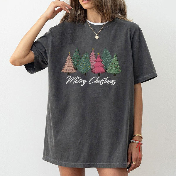 Pink and Green Hand-Drawn Tree Graphic Tee, Merry Christmas T-Shirt, Adorable Holiday Xmas Shirt, Festive Winter Apparel Pres
